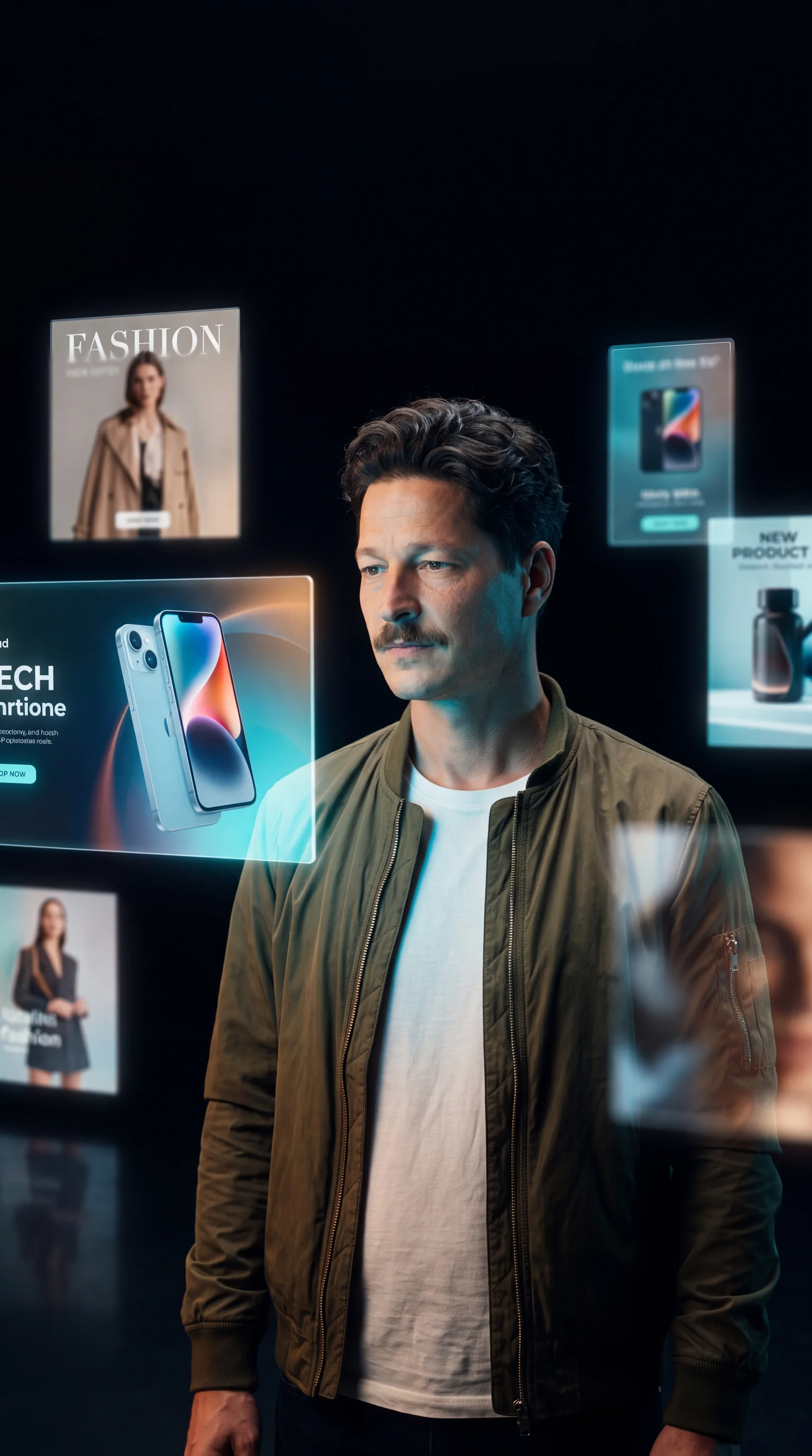 Mann zwischen digital entwickelten Werbewelten