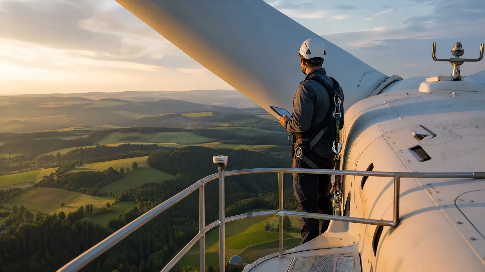 Filmische Aufnahme eines Technikers an einer Windkraftanlage