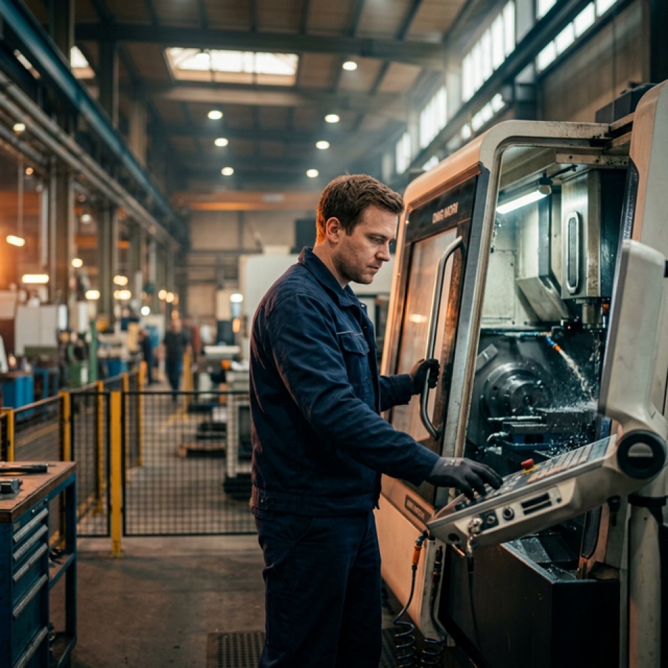 Cinematisch bearbeitetes Foto derselben Industriehalle mit professionellem Color-Grading und Tiefenunschärfe