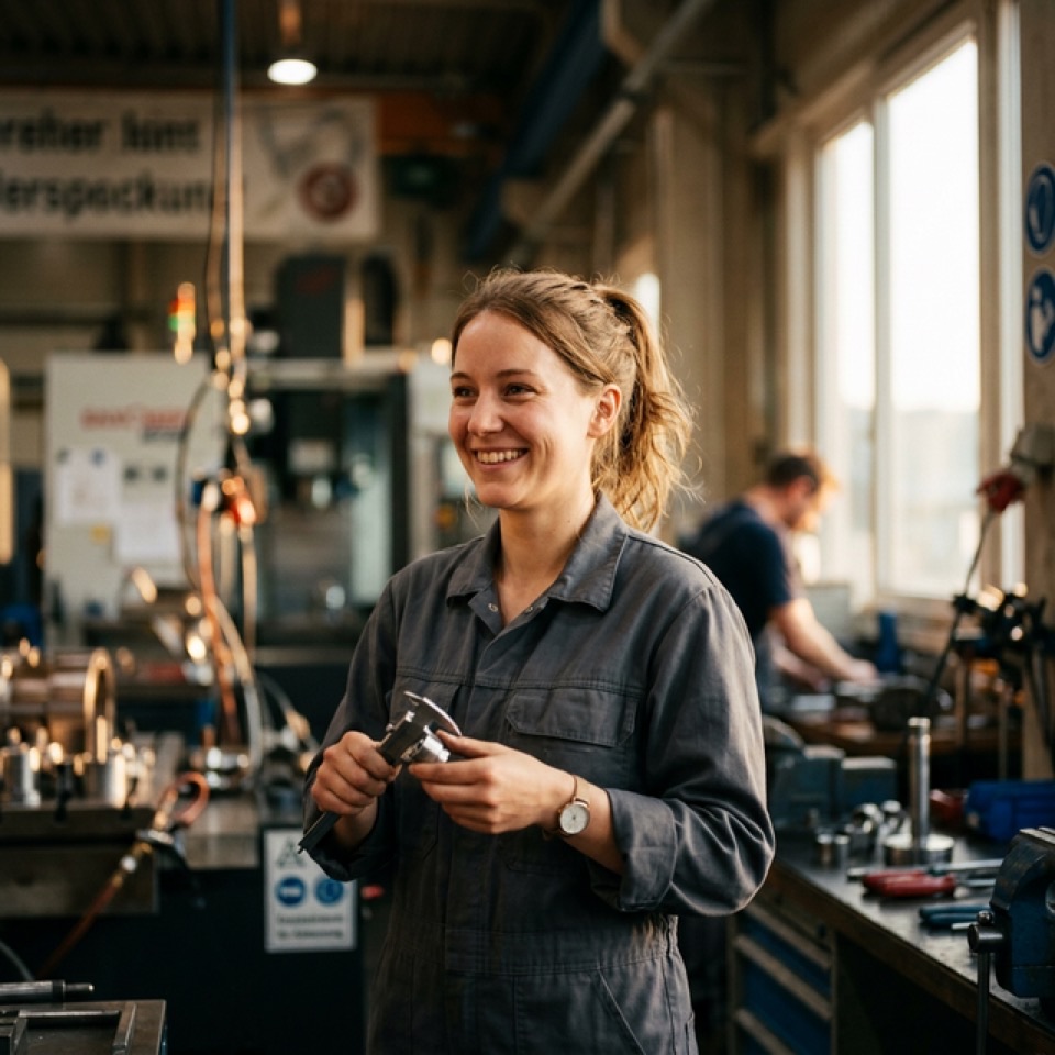 Emotionaler Moment aus einem Recruitingfilm – lachender Mitarbeiter in einer Werkstatt mit warmem Licht